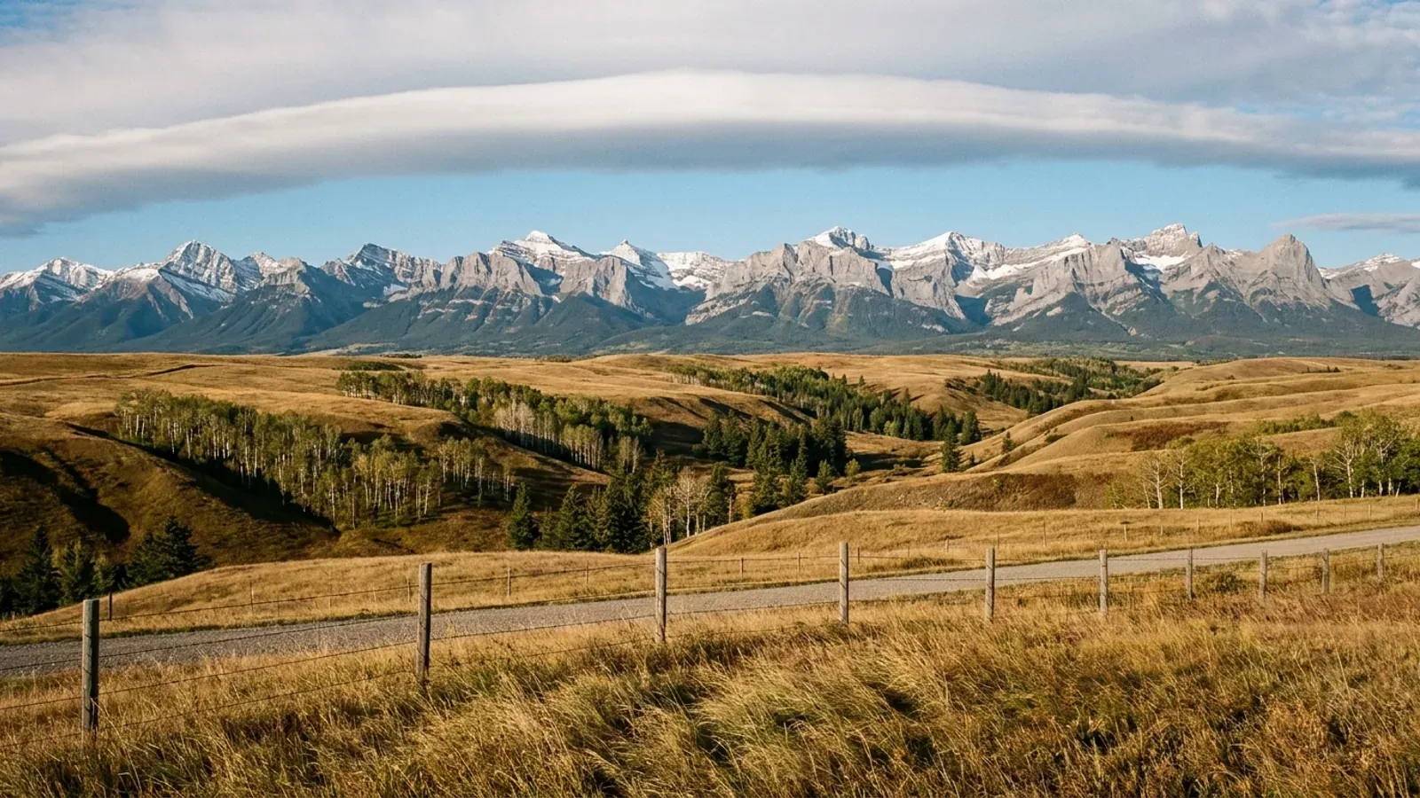 Rolling foothills grassland in Southern Alberta with aspen and spruce bluffs, the snow-capped Rocky Mountains on the horizon under an arched band of cloud.