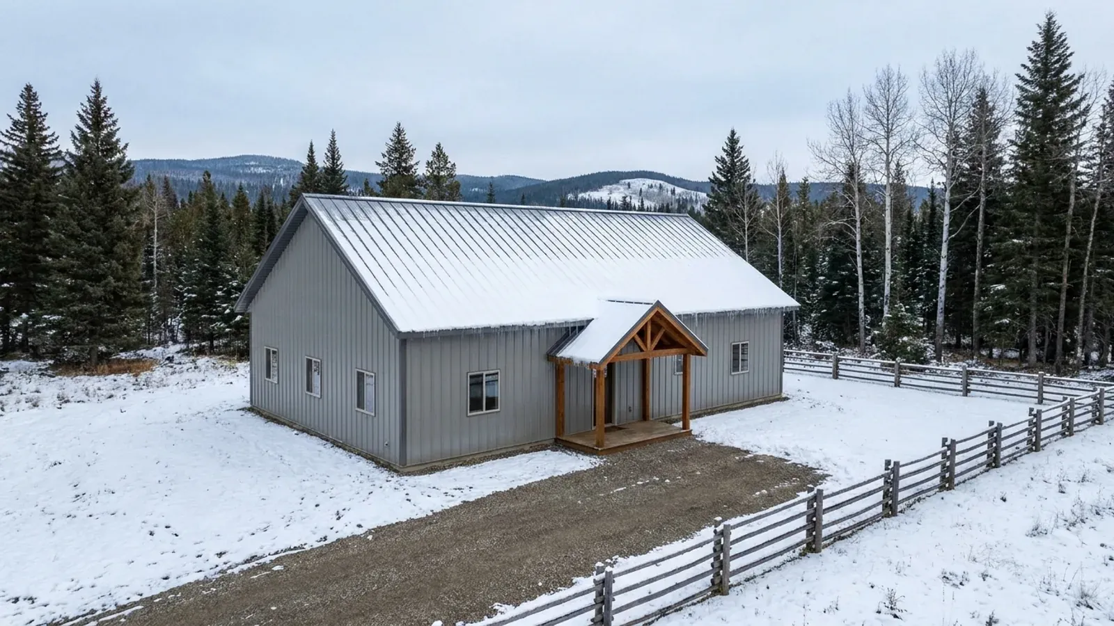 A compact 30x40 barndominium sized like a starter home or cabin, with a steep metal roof and a covered entry porch, in a snowy clearing ringed by spruce.