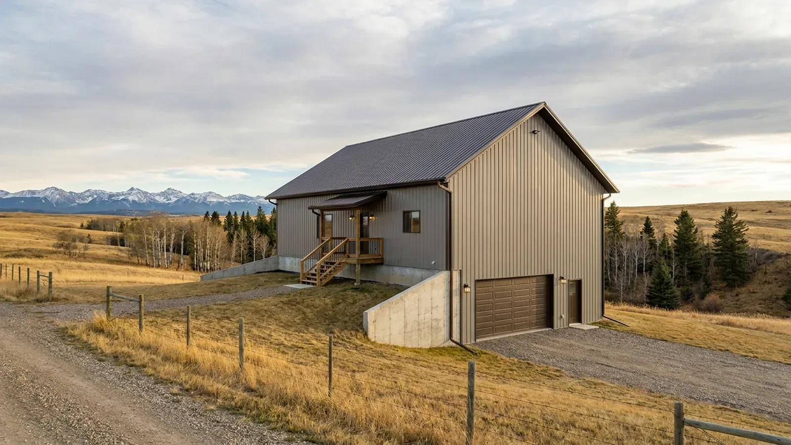 A barndominium raised on a concrete foundation wall with steps up to the entry and enclosed storage space beneath the elevated floor.