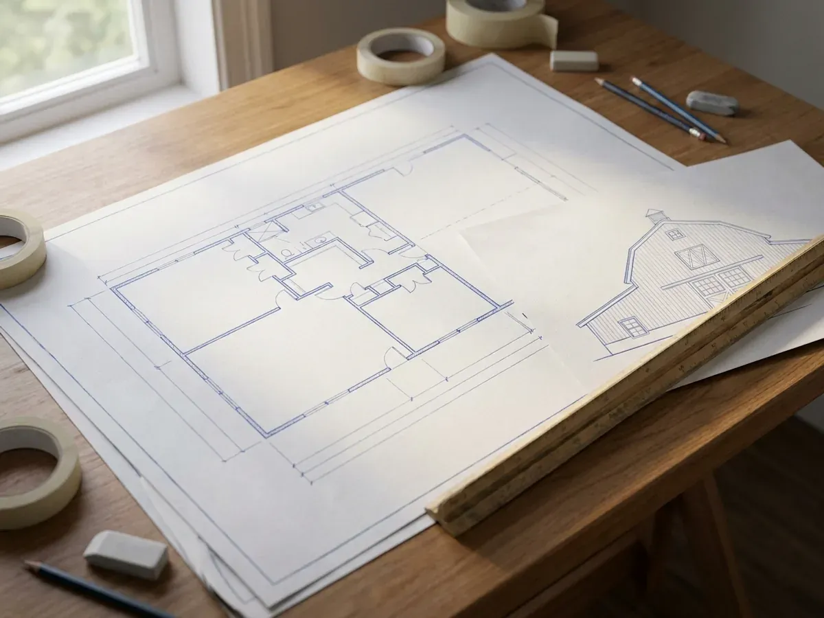 Barndominium floor plan and elevation drawings laid out on a drafting table with a scale rule.