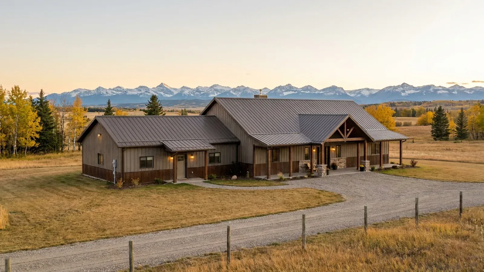 A barndominium with a smaller attached in-law suite wing that has its own separate covered entry, distinct from the main entry.