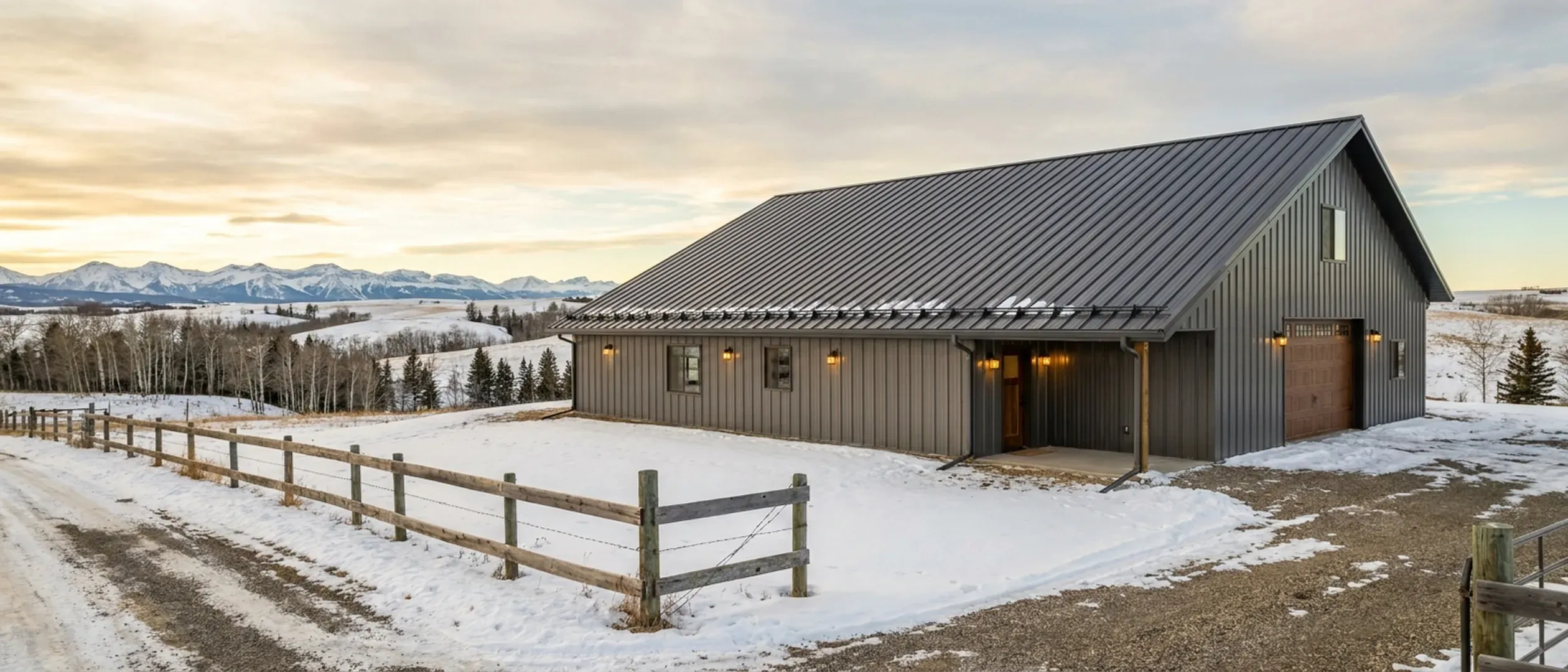 A completed barndominium viewed from a low angle in winter, showing its standing seam metal roof, vertical wall panels, gutters and exterior wall lights.