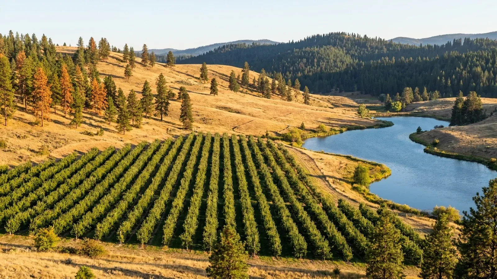Interior British Columbia valley orchards beside a long lake below dry grassy hills with scattered pines and forested ridges beyond.