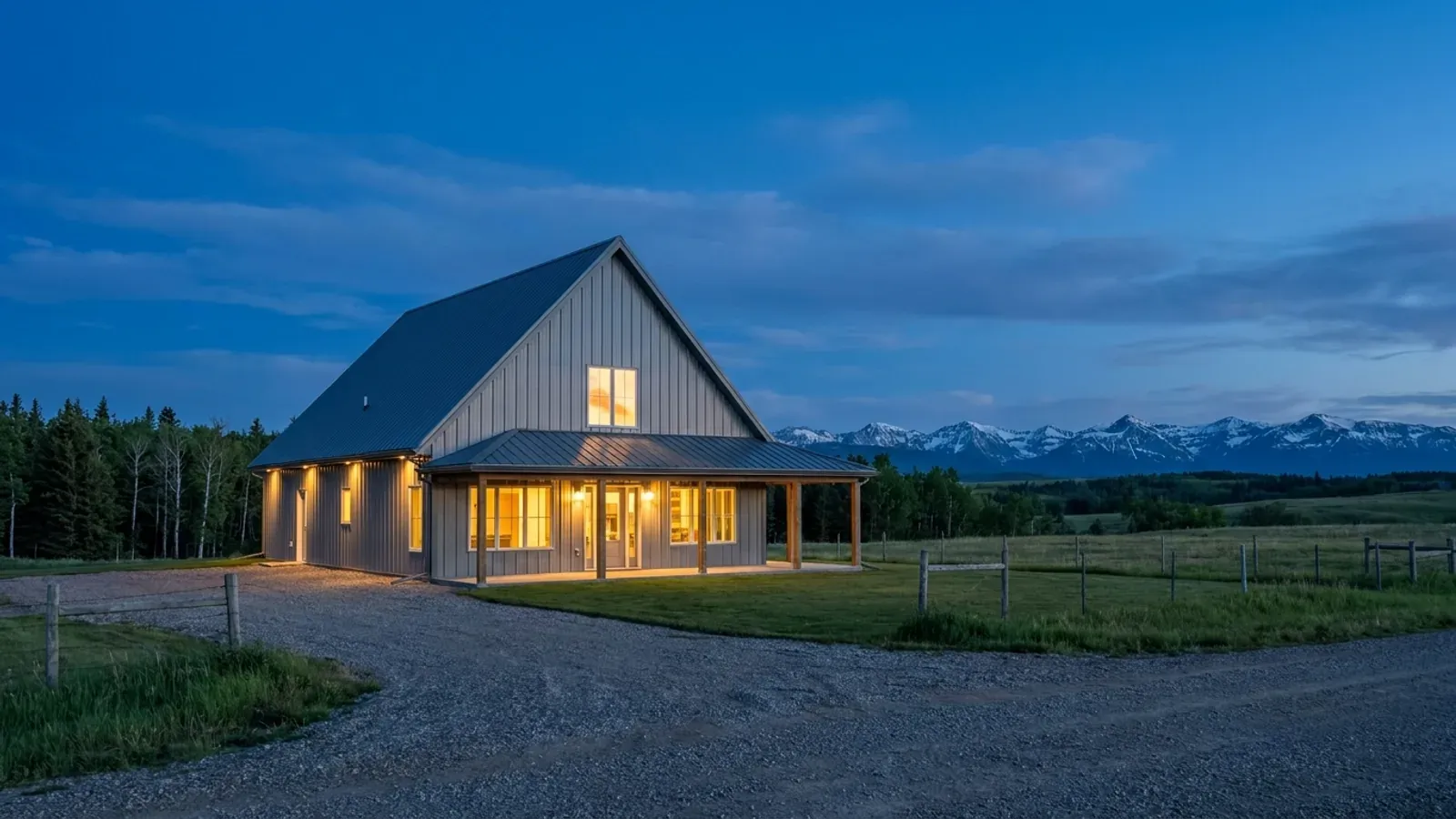 A finished barndominium at dusk with warm interior lighting glowing through its large windows and spruce and aspen trees behind.