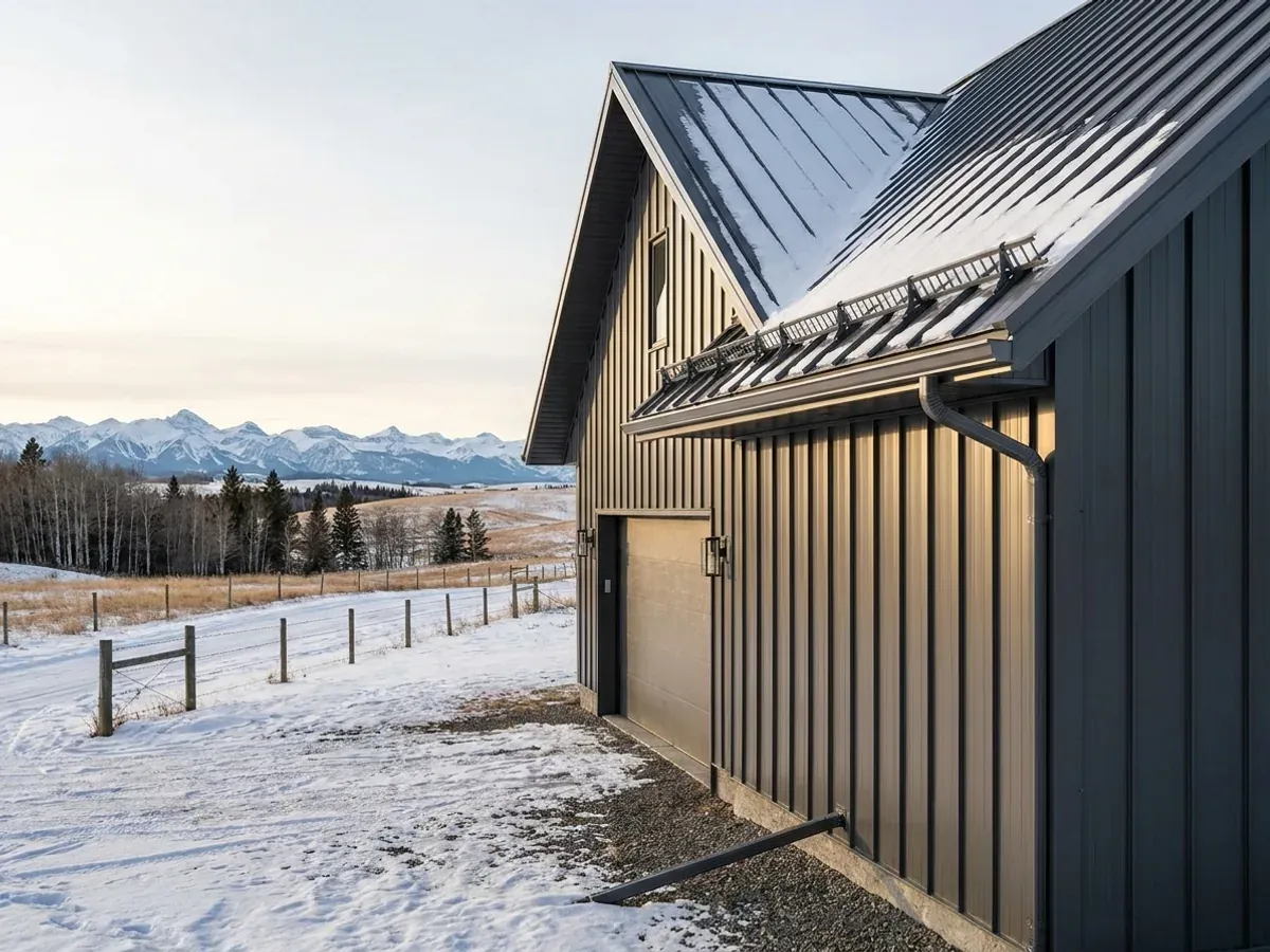 Exterior detail of a metal-clad home showing standing seam roofing with snow guards, vertical wall panels, and a downspout discharging away from the wall.