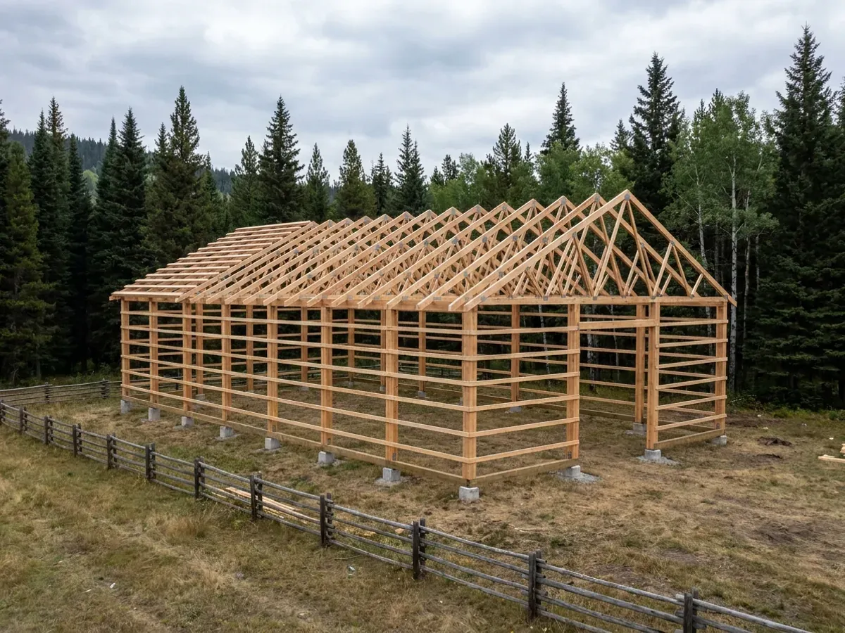 A post-frame home under construction, showing laminated timber columns on concrete piers and wide-span roof trusses, with spruce forest behind.