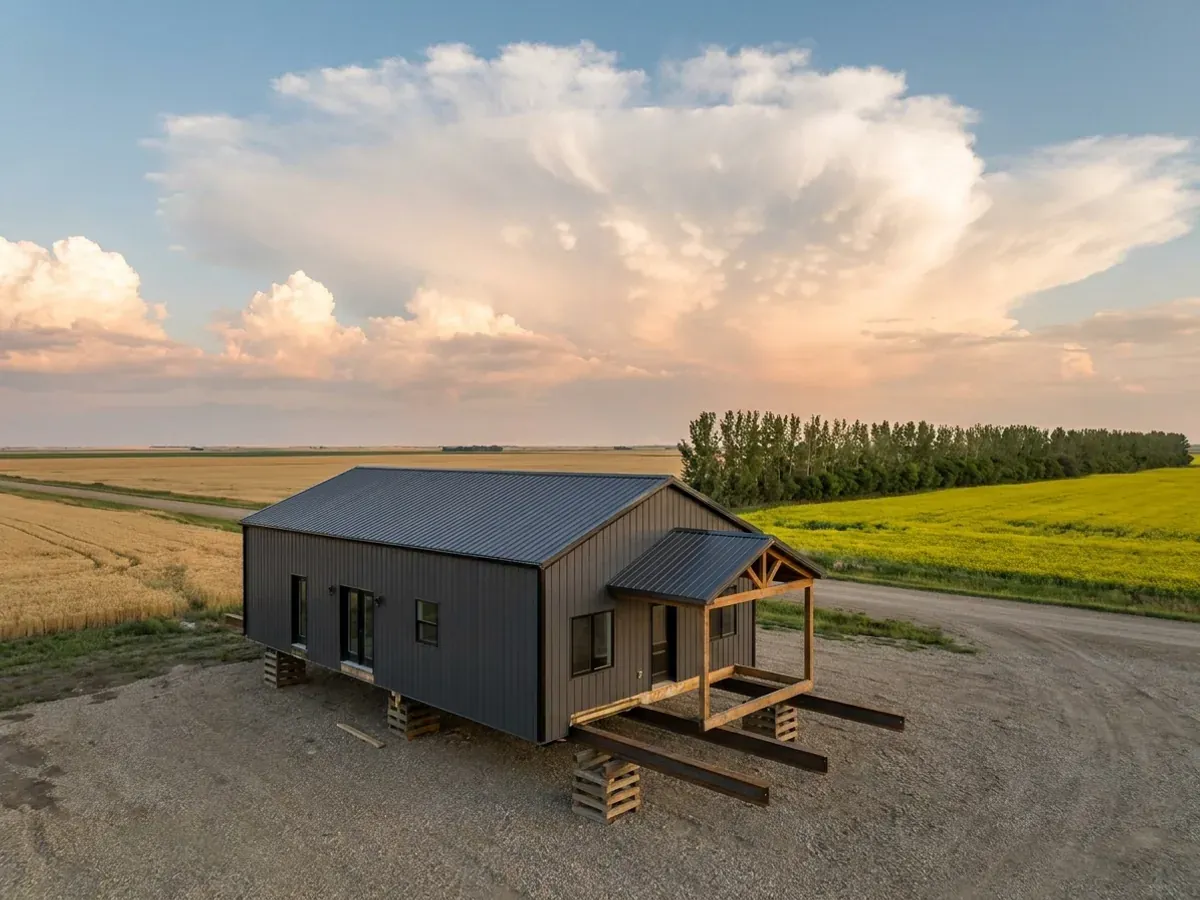A finished ready-to-move barndominium-style home raised on steel moving beams and timber cribbing in a gravel yard, ready to be hauled to its site.