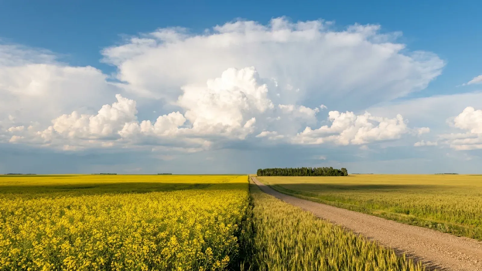 Flat Saskatchewan prairie with a bright yellow canola field meeting wheat, a gravel road running to a level horizon under towering clouds.