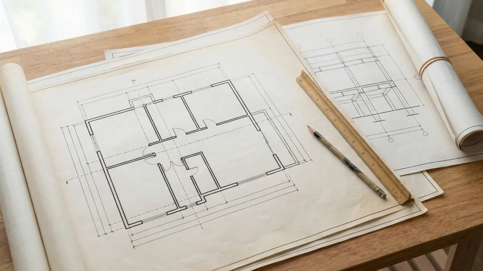 Overhead view of architectural floor plan and structural elevation drawings spread on a workbench with a scale ruler and pencil.